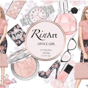 Clipart cosmetici, clipart trucco, clipart accessori moda rosa, ragazza alla moda, clipart ragazza boss, profumi, rossetto, png floreale, scarpe