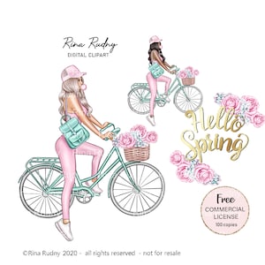 Clipart di biciclette, clipart di bici, clipart di viaggio, clipart primaverili, clipart di biciclette rosa menta, clipart di moda, clipart ragazza rosa bionda,