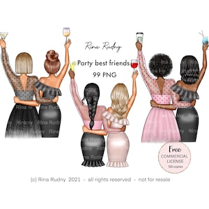 Clipart de melhores amigas, clipart de melhores amigas, melhores amigas, clipart de irmãs, clipart de irmãs de alma, clipart de amigos de festa, vinho, coquetéis, clipart de vestidos