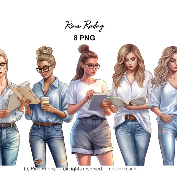 Ai generated girls with books clipart, woman in jeans and reading book, bookworm clipart, bundle, planner girl , boss babe, girl boss png