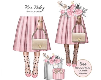 Fashion dress clipart, pink dress, bag clipart,party,prom, high heel shoes clipart, shopping clipart,romantic clipart, posh,glam clipart,