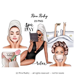 Clipart de spa, png de spa, clipart de relaxation, clipart de routine du matin, clipart de dimanche matin, png de soins personnels, png de filles de spa, bain, png de sublimation