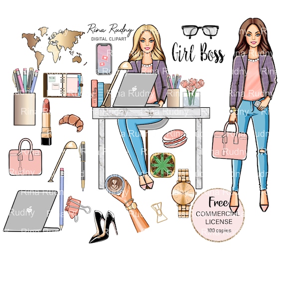 Instant Download Fashion Girl Shopping Bag Luxury Woman Digital Drawing  White Outfit Diffrent Hair Colors Clipart Set Planner Stickers 
