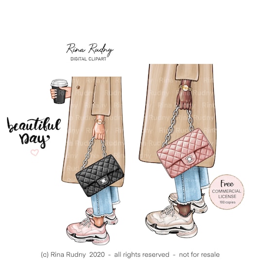 Fashion bag clipart , shoes clipart, sneakers clipart , beige coat clipart , coffee clipart