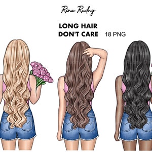ジーンズのショートパンツをはいたファッションガール、長いウェーブヘア、花、バラ、コーヒーマグ、クリップアート、png、背面図、イラスト、