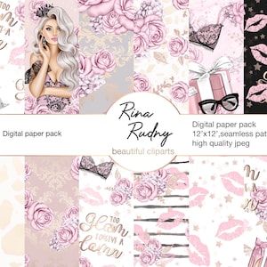 Carta digitale di lusso, pacchetto di carta floreale rosa, carta di moda, carta digitale glamour, carta digitale bacio, bella ragazza pacchetto di carta bionda