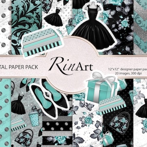 Papel digital Audrey, patrón de Audrey Hepburn, patrón de moda de los años 50, papel digital de vestido negro pequeño, patrón turquesa, patrón de zapatos negros