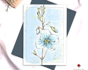Wild Flower Greeting Card for Any Occasion, Printable Blue Floral Card, 5x7 Folded Spring Card, Hand Painted Watercolor Card, PDF Download