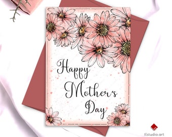 Daisies Mother's Day Card, Printable Floral Card for Mother, Pink Daisy Happy Mothers Day,Watercolor Daisies Greeting Card,PDF Card Download