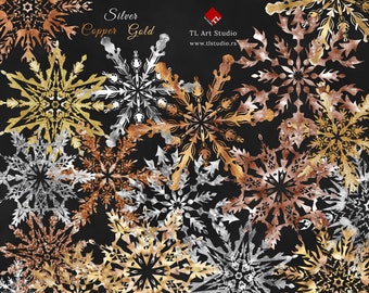 Christmas Snowflakes Clip Art, Gold Silver Copper Digital Snowflakes, Christmas Clipart Commercial Use, Digital Snowflake PNG Download