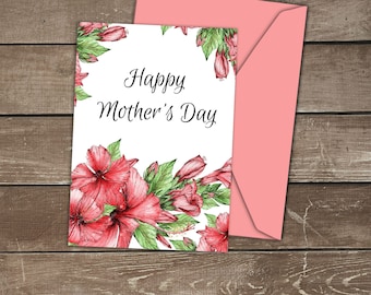 Printable Watercolor Mother's Day Card, Floral Red Hibiscus Card for Mother, Hand Drawn Happy Mothers Day Card, Greeting Card PDF Download