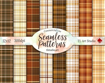 Autumn Plaid Digital Paper Pack, Seamless Beige Brown Plaid Patterns, Fall Tartan Digital Papers, Commercial Use,Plaid Scrapbook Backgrounds