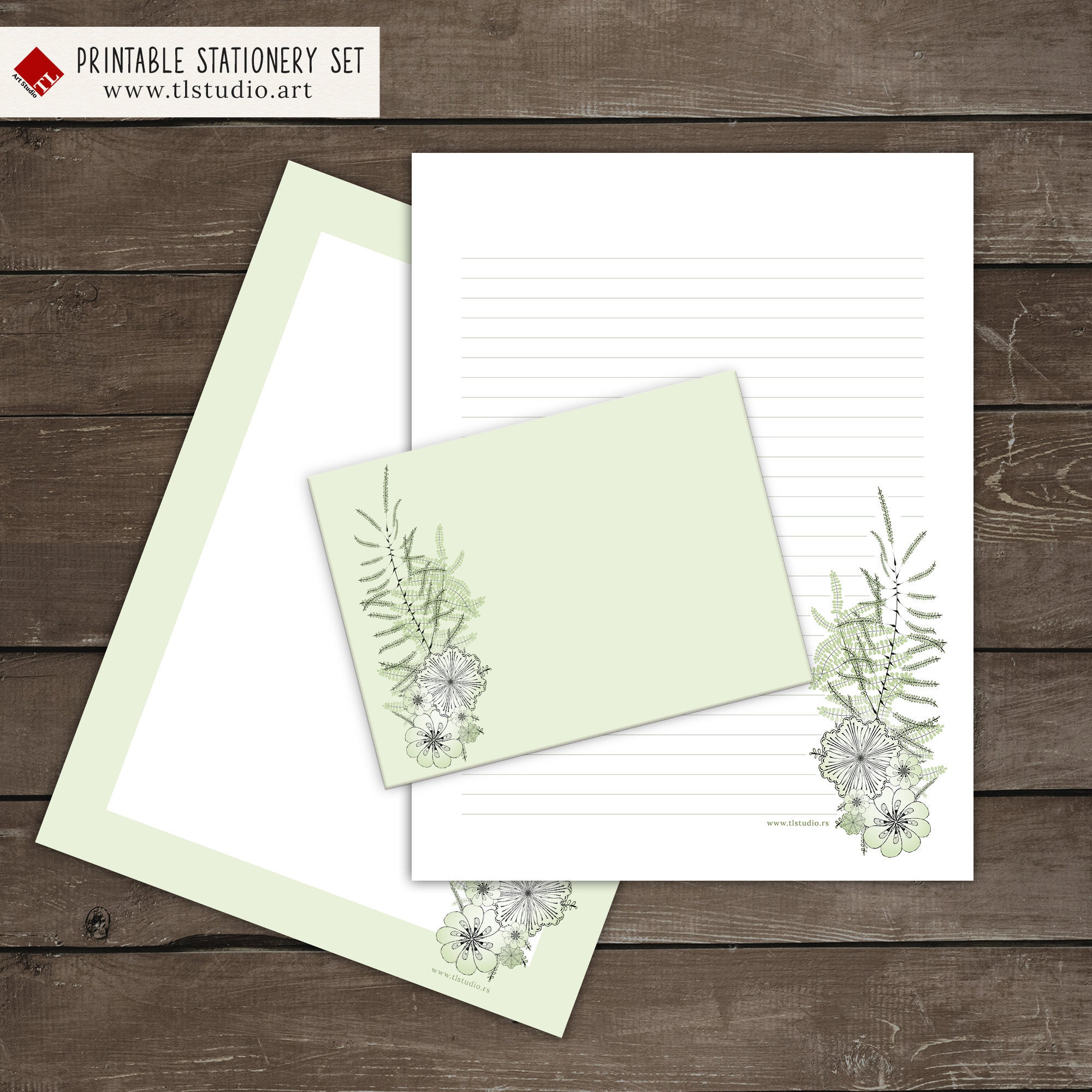 Printable Pastel Green Stationery Set Hand Drawn Floral | Etsy