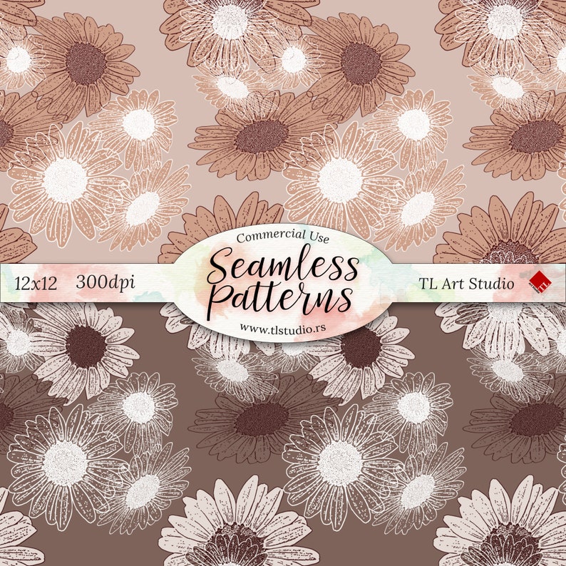 Beige Brown Surface Pattern,Seamless Fabric Patterns Spring Digital Paper Daisies Flowers Background Daisy Floral Pattern Commercial Use