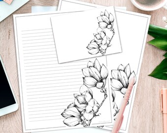 Magnolia Stationery Paper and Envelope Set, Floral Letter Writing Paper, Lined, Unlined Hand Drawn Stationery,Spring Stationery PDF Download