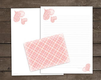 Printable Valentine Stationery Set, Pink Plaid Writing Paper and Envelope, Valentine Heart Letter Writing Set, Valentine's Day Lined Paper