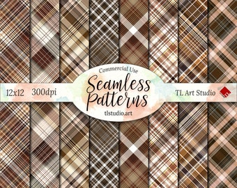Autumn Plaid Digital Paper Pack, Seamless Beige Brown Plaid Patterns, Fall Tartan Digital Papers, Commercial Use,Plaid Scrapbook Backgrounds