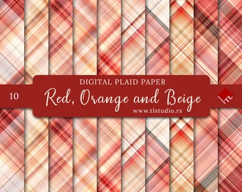 Spring Digital Paper Paper, Red, Orange Beige Plaid Patterns, Commercial Use, Seamless Peach Plaid Digital Scrapbook Backgrounds