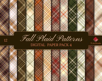 Fall Colors Plaid Patterns, Digital Paper Pack, Commercial Use Autumn Plaid Paper, Thanksgiving Digital Scrapbook Backgrounds