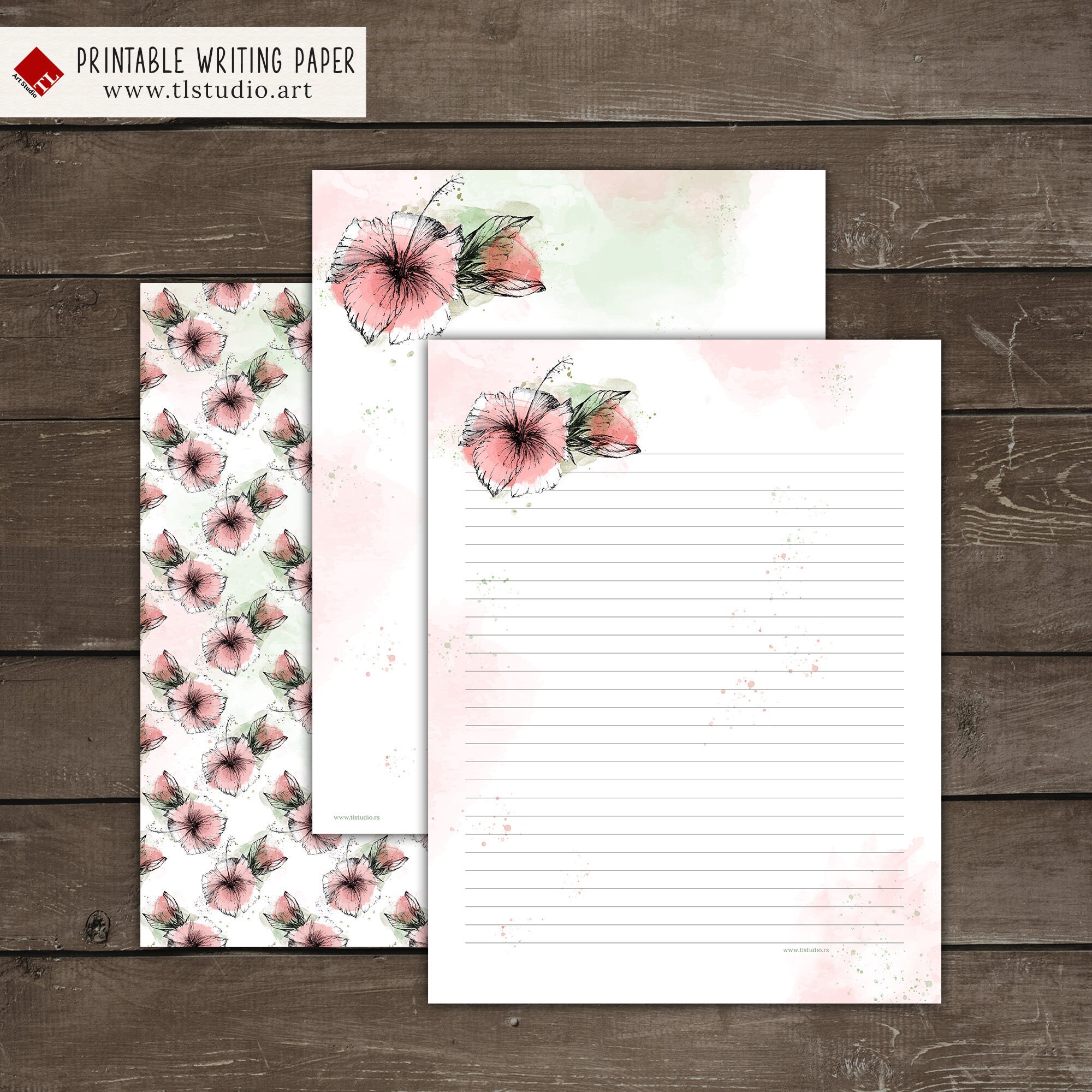 Printable Pink Floral Watercolor Stationery Set