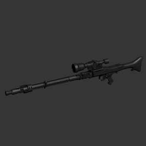 May include: A black rifle with a scope attached to the top. The rifle has a long barrel and a black stock.