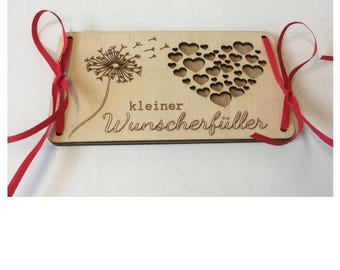 Kleiner Wunscherfüller. Holzkarte mit Pusteblume für Gutscheinkarten oder Geldgeschenke. Idealer Geschenk für Hochzeit Geburtstag Feiertage
