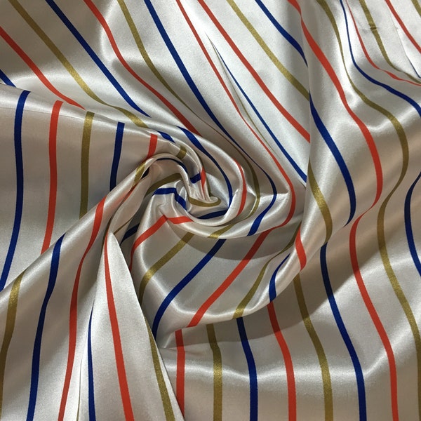 Silky vintage Italian tailoring fabric 100% Acetate, Satin White color with colored stripes, Fabrics by the meter, Remnants of fabrics
