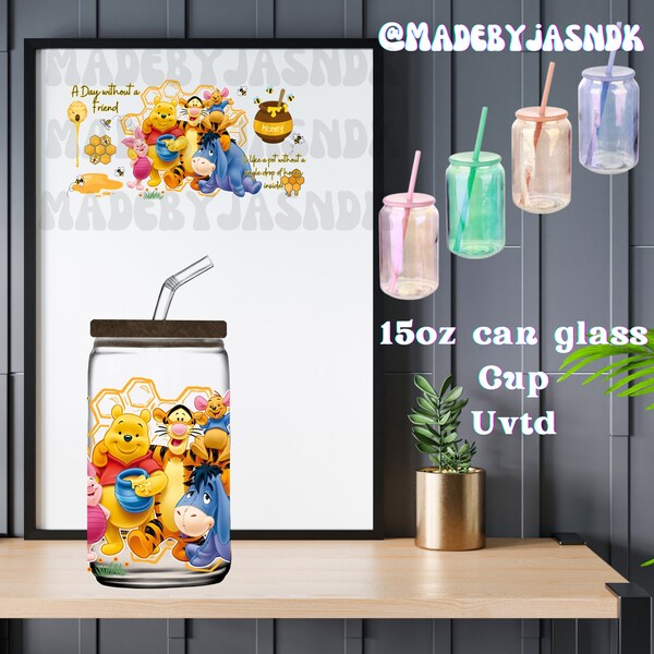 Iridescent Glass Cup with Lid and Straw, 15 oz,  Beer Can glass Inspired, Classic Drinking Mug, Beer Lover Gif, uvtd decals winnie the pooh