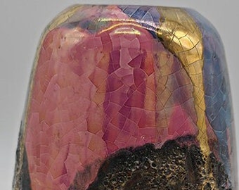 Magnífico jarrón de cerámica policromada de Claudio PULLI esmalte metalizado azul, rosa y oro