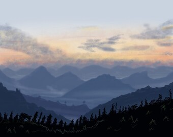 Pintura digital de la montaña brumosa