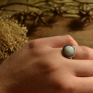 Könnte beinhalten: Ein silberner Ring mit einem runden, weißen Opal-ähnlichen Stein, der in einer Zargenfassung sitzt.