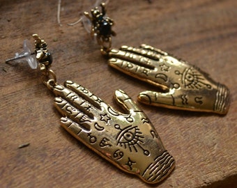 Earrings "Big Fortune Plate", witchhands, color gold, pagan, witch, witch, wiccan, gothic, moon, moon, witchhand, hand, fortune teller