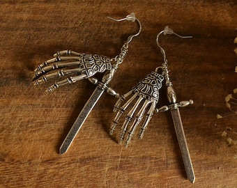 Earrings "Til Death", skeleton hand, sword, sword earrings, skeleton hand earrings, silver, pagan, witch, wiccan, gothic, stainless steel