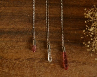 Necklace "Crystal War", color silver, necklace stainless steel, quartz, crystals, red, rock crystal