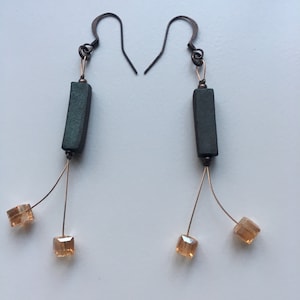 Majoris Pendientes Colgantes Tubo Cuadrado Marrón Moiré Cristal Transparente Naranja Cobre Vintage Art Deco Diseño Hecho a Mano Francia