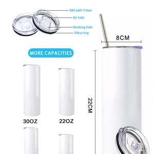 May include: A white cylindrical tumbler with a metal straw and a clear lid featuring an air hole, drinking hole, and silica ring. The tumbler measures 22 cm in height and 8 cm in width, with a weight of 285g. Additional capacity options include 30oz, 22oz, 15oz, and 12oz.