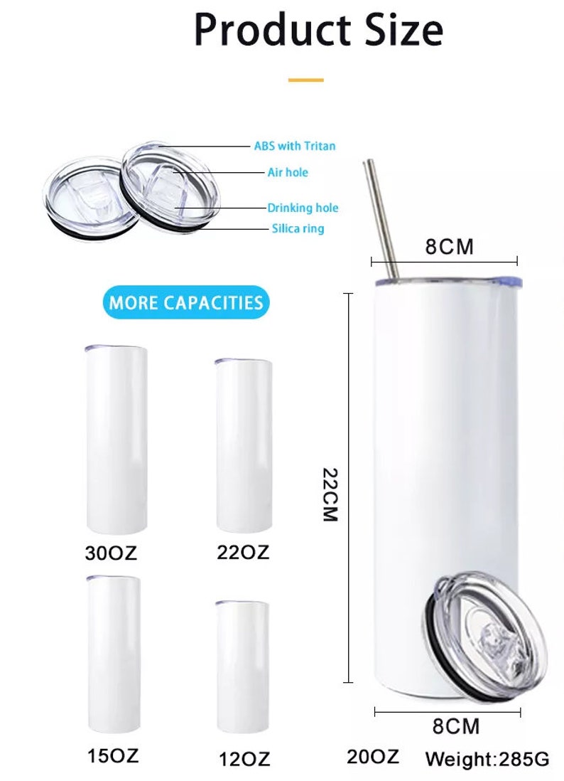 May include: A white cylindrical tumbler with a metal straw and a clear lid featuring an air hole, drinking hole, and silica ring. The tumbler measures 22 cm in height and 8 cm in width, with a weight of 285g. Additional capacity options include 30oz, 22oz, 15oz, and 12oz.