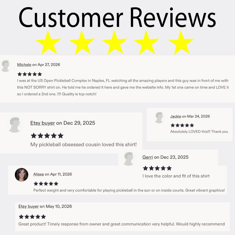 May include: A graphic display titled Customer Reviews featuring five yellow stars and multiple text testimonials from buyers. The reviews include comments about a pickleball shirt, quality, fit, and customer service experiences from various dates in 2025 and 2026.