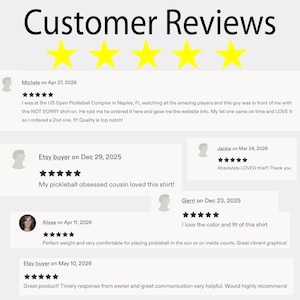May include: Image of customer reviews with text "Customer Reviews" at the top. The reviews are from Etsy buyers, with star ratings and comments about a shirt. The reviews mention the shirt's quality, fit, and comfort for pickleball.