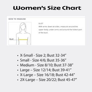 May include: A white size chart for women's clothing, with the title "Women's Size Chart" in bold black letters. The chart includes bust measurements in inches for sizes X-Small to 2X-Large, and instructions on how to measure the bust.