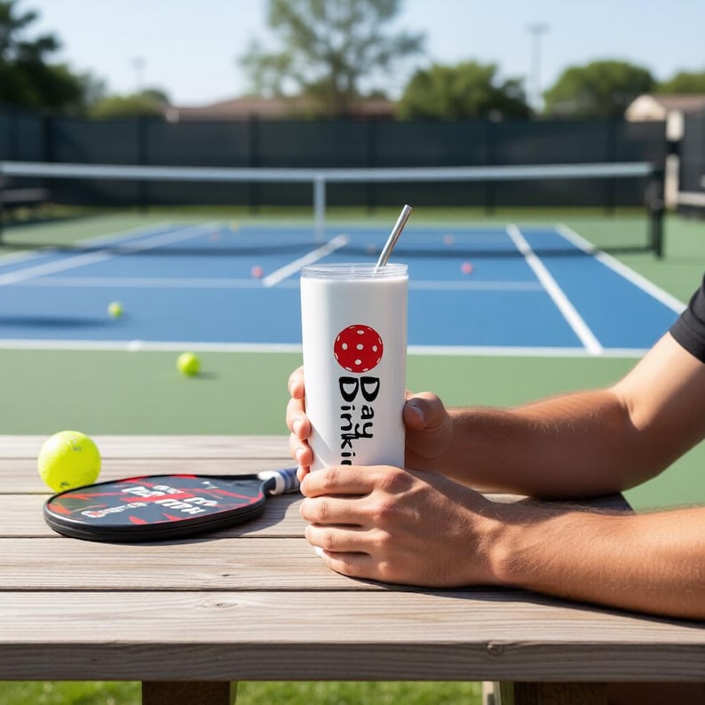 May include: A white cylindrical tumbler with a clear lid and a metal straw, featuring a red pickleball graphic and the black text Day Dinking. A black pickleball paddle and a yellow pickleball are positioned on the wooden surface nearby.