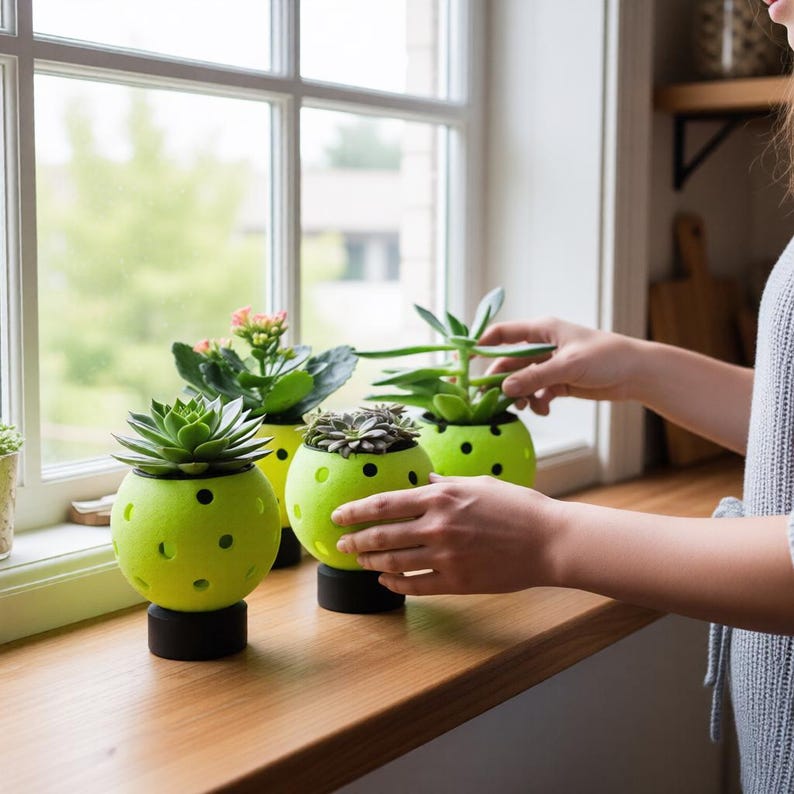 May include: Three bright neon yellow pickleball-shaped planters with black circular holes and black circular bases. Each planter holds a small green succulent plant. The planters are arranged in a row on a wooden windowsill near a window.