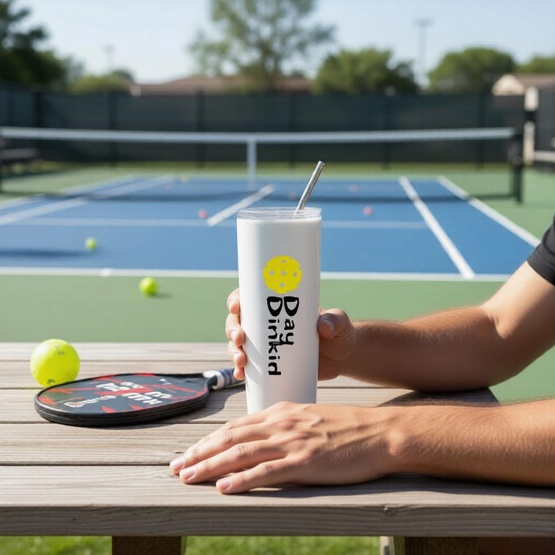 May include: A white cylindrical tumbler with a metal straw, featuring a yellow pickleball graphic and the black text "Day Dinkid" printed vertically. The tumbler is held in a hand on a wooden surface next to a black pickleball paddle and ball.