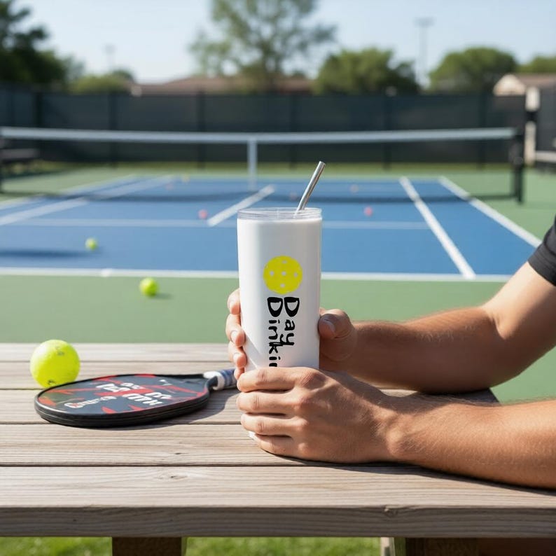 May include: A white cylindrical tumbler with a metal straw, featuring a yellow pickleball icon and the black text "Day Dinkin" printed vertically. The tumbler is held on a wooden surface next to a black pickleball paddle and a yellow ball.