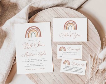 Rainbow Baby Shower Invitation Suite, Boho Rainbow Invitation Set, Rainbow Invitation Bundle, Instant Download, Templett - BB18