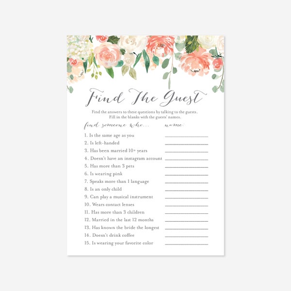 Peach And Cream Bridal Shower Find The Guest Game, Find The Guest Game, Floral Find The Guest Game, Instant Download, Templett - BR2