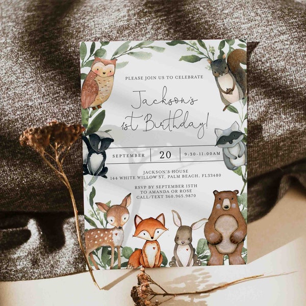 Woodland Birthday Invitation, Woodland Animals Birthday Invitation, Woodland Invitation, Woodland Invite, Instant Download, Templett - KB15