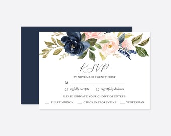 Navy Blush Wedding RSVP Card, Navy and Blush Wedding Reply Card, Floral Response Card, Floral RSVP Card, Instant Download, Templett - WD22
