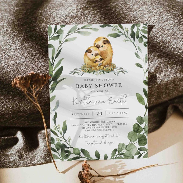 Sloth Baby Shower Invitation, Sloth Baby Shower Invite, Sloth Invitation, Sloth Baby Shower Party, Instant Download, Templett - BB13C