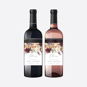 Burgundy Blush Wedding Wine And Champagne Label, Wedding Wine Label, Floral Wine Label, Floral Wedding, Instant Download, Templett - WD3